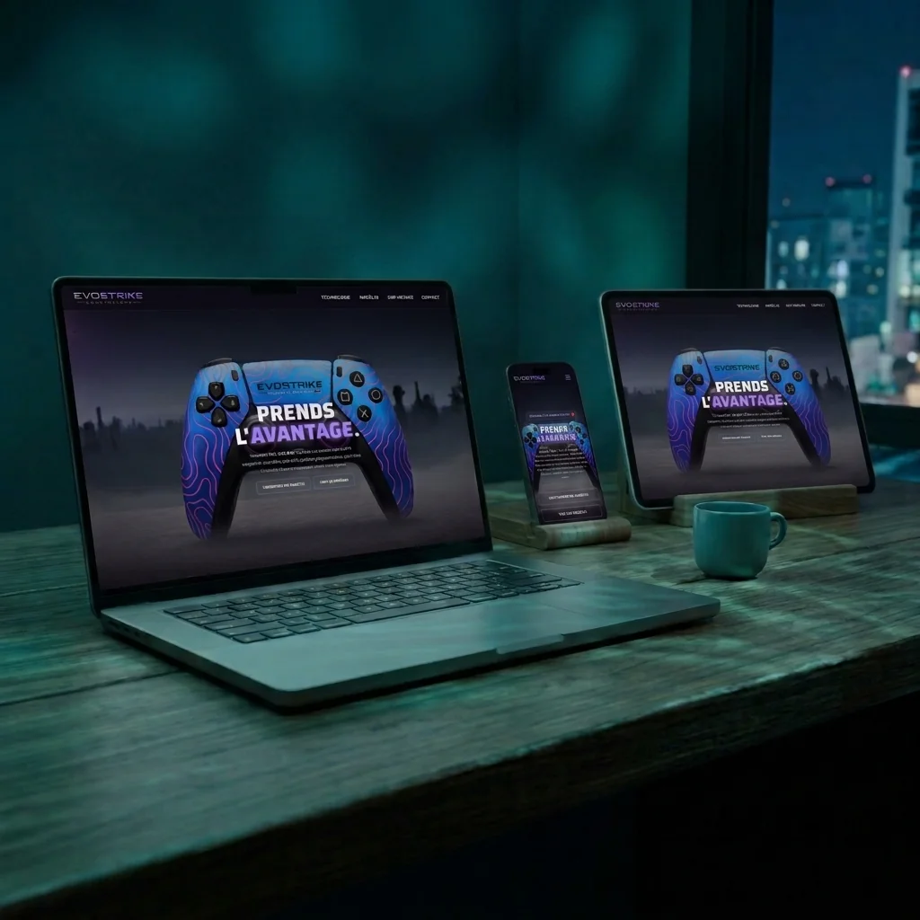 Site EvoStrike Controllers affiché sur ordinateur portable, tablette et téléphone