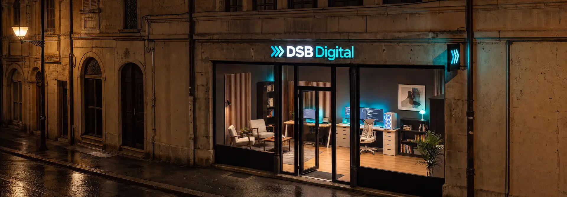 La vitrine de DSB Digital de nuit : enseigne turquoise allumée sur une façade en pierre, l'atelier éclairé visible derrière la vitre, la rue pavée encore mouillée